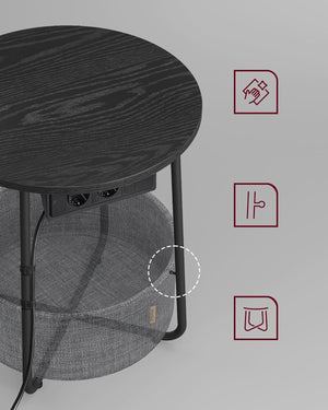 Round Side Table with Charging Station & Basket