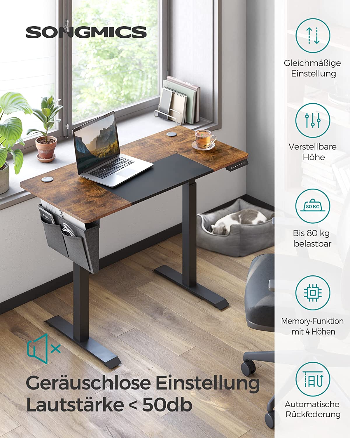 Height-adjustable electric desk, 60 x 120 x (72-120) cm, fully adjustable, spliced plate, memory function with 4 heights