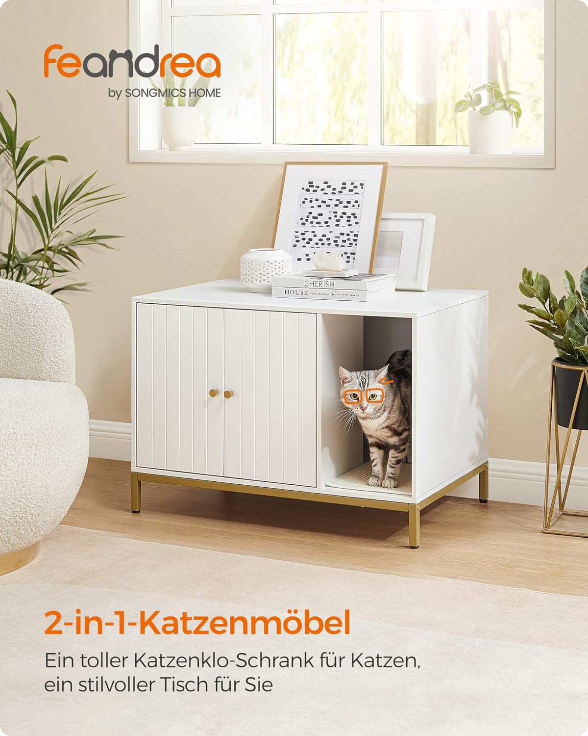 Litter Box Enclosure, Modern Cat Litter Box Furniture Hidden, with Scratching Mat, Tall Legs, Cat House