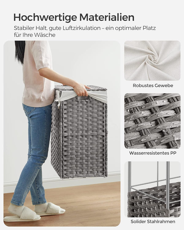 160L 3-Compartment Laundry Hamper - Lid & Wheels - Karrari