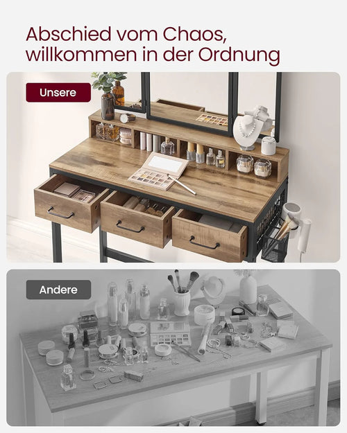 Makeup Table with Folding Mirror, Stool & Drawers