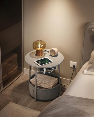 Round Side Table with Charging Station & Basket
