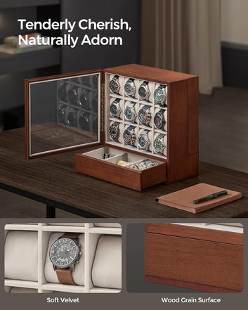 12-Slot Wooden Watch Box, Watch Display Case with Window, Sunglasses holder, Solid Wood