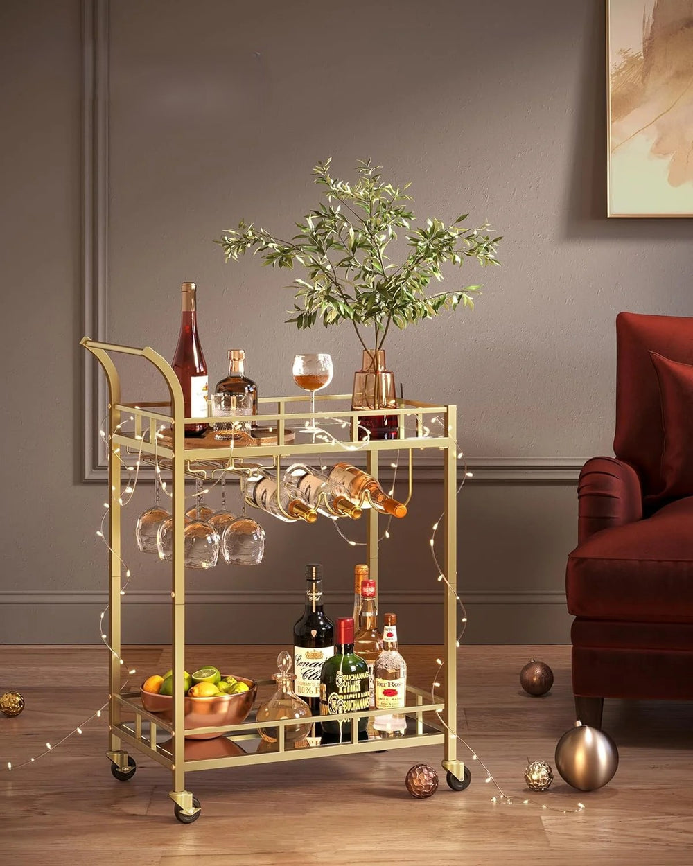 Gold Bar Cart with 2 Mirrored Shelves & Wine Holders - Karrari