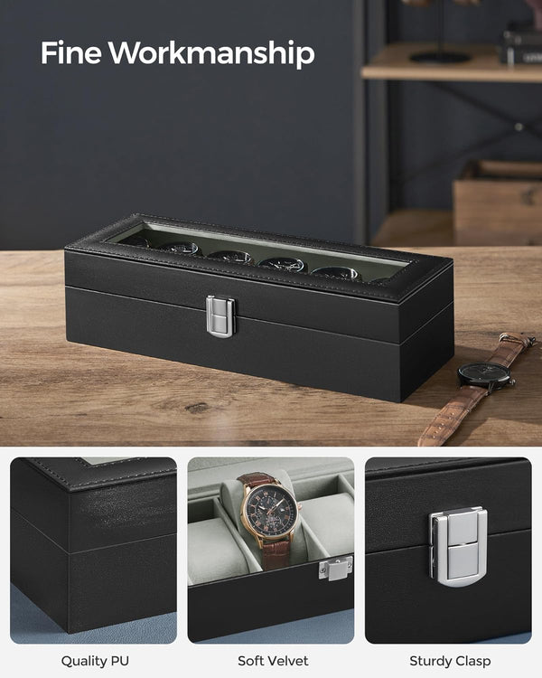 6-Slot Watch Box with Glass Lid - Synthetic Leather - Karrari