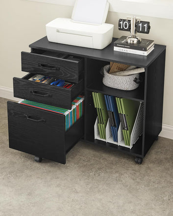 Rolling File Cabinet with 3 Drawers and Wheels, Open Compartments for A4 Documents