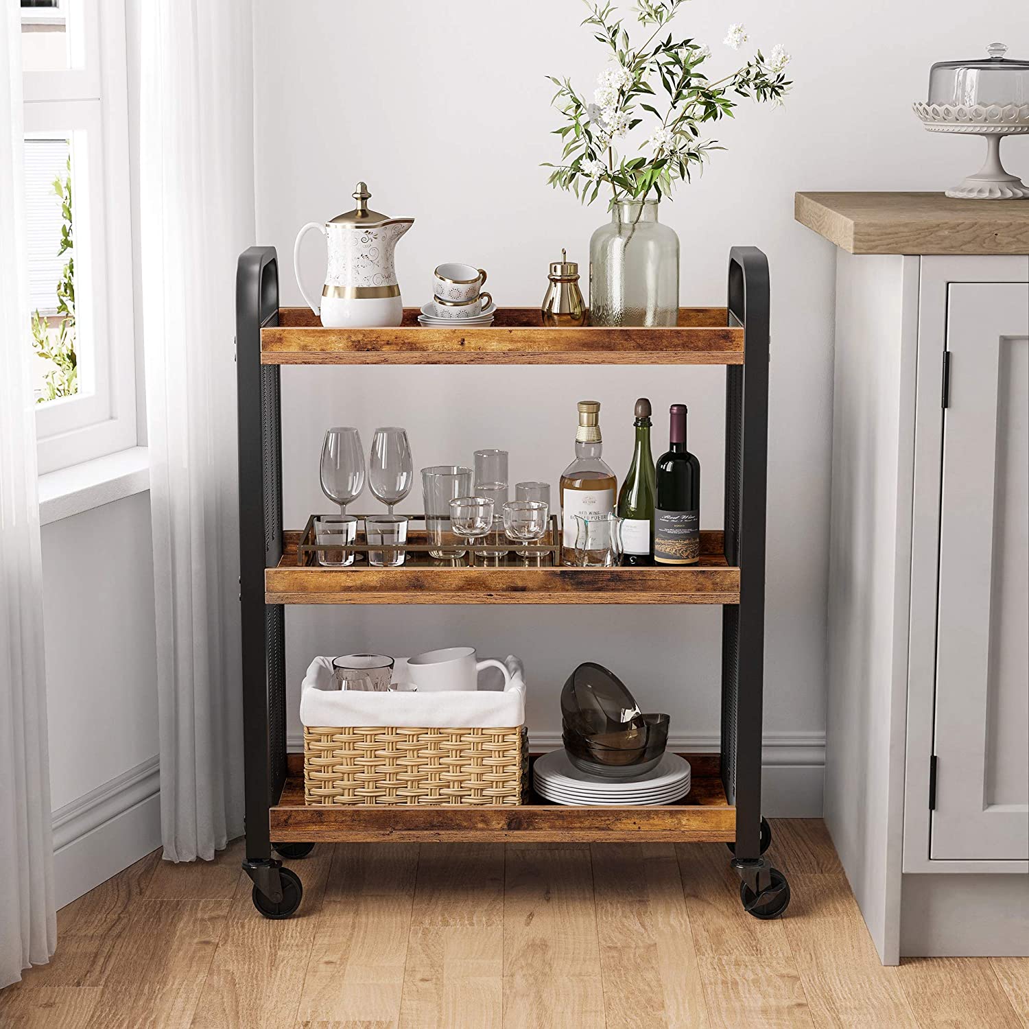 Industrial-Style Serving Trolley, Space-Saving Trolley with Fixed or Universal Wheels