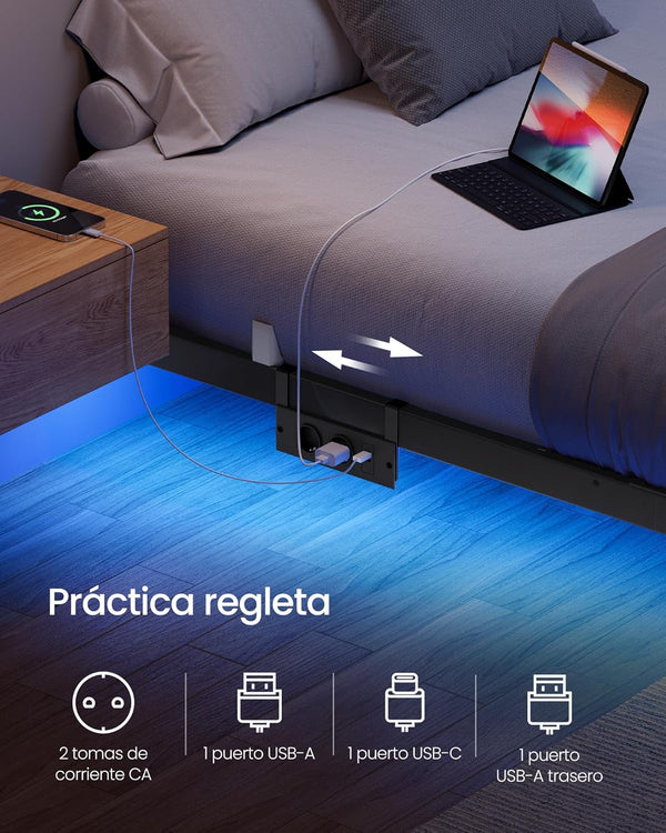 Single Bed Frame (90x190cm) LED Lighting & Electrical Outlets