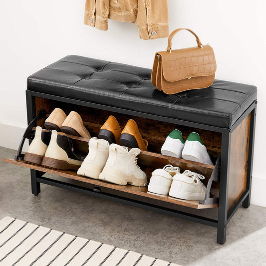 Shoe Bench, Padded Bench with Drawer and 2 Shelves for 6 Pairs of Shoes