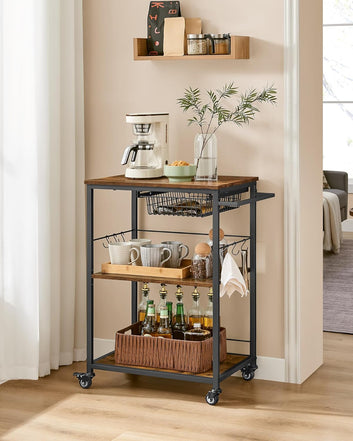 Kitchen Trolley with Wire Basket and S Hooks, 3 Tier Kitchen Shelf, Mobile Trolley