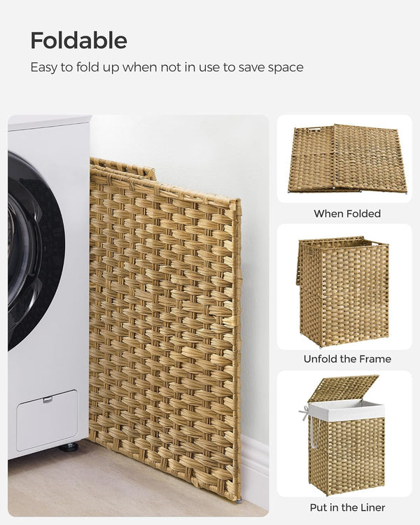 90L Foldable Rattan Laundry Basket with Lid & Handles - Karrari