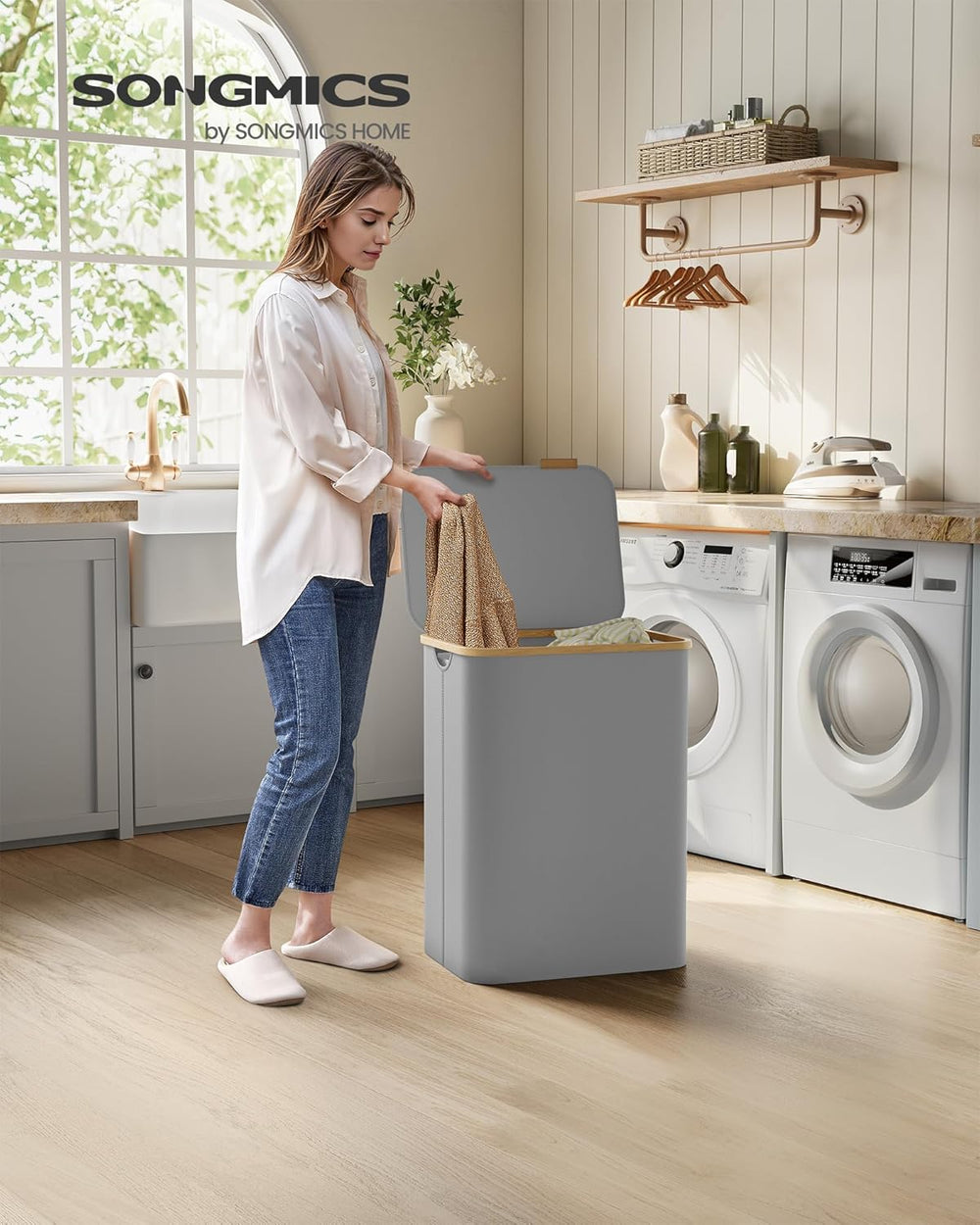 130L 2-Section Laundry Hamper - Lid & Bamboo Handles - Karrari