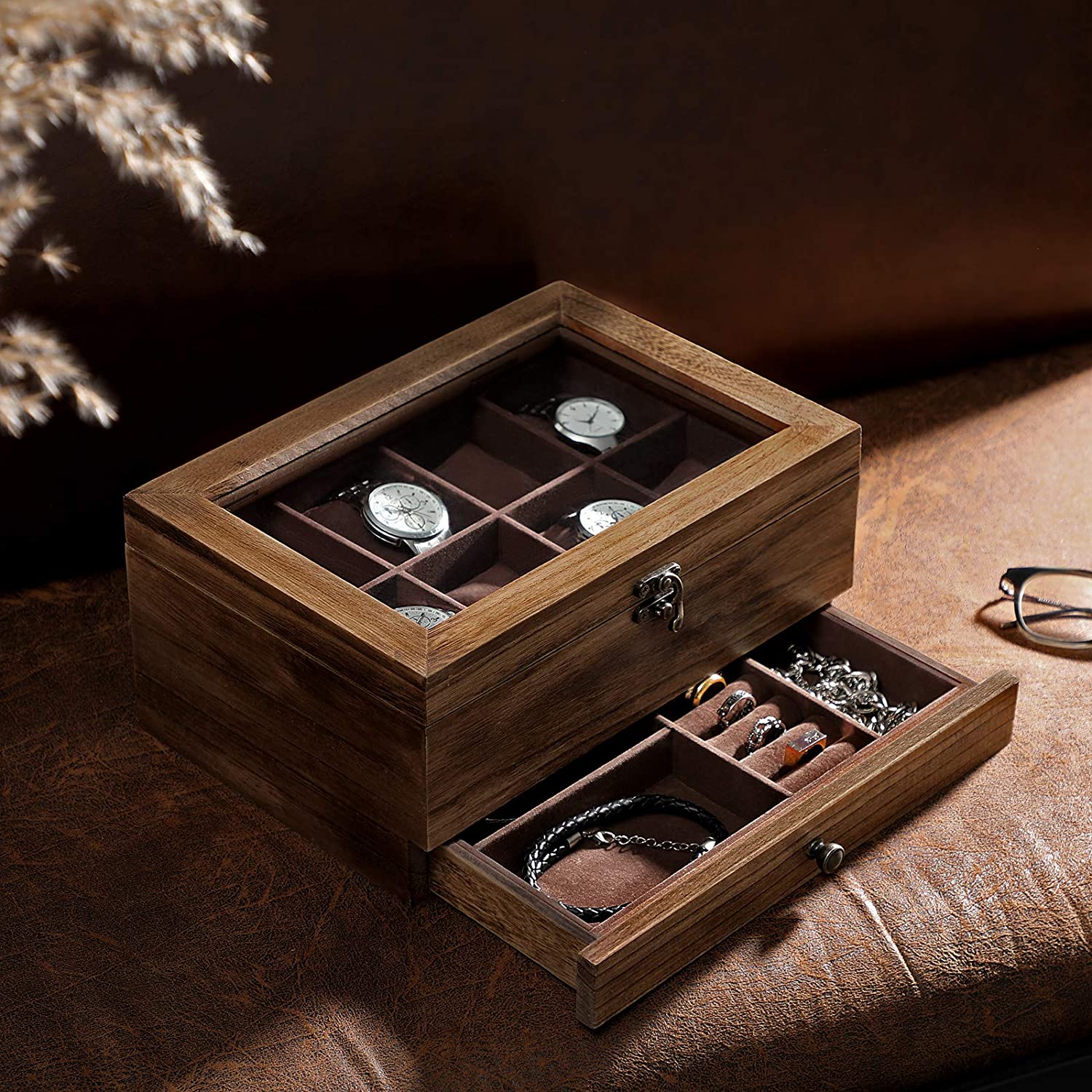 Watch Box with 8 Compartments with Pillows, Wooden Jewelery Box with Lid, for Rings, Bracelets and Necklaces