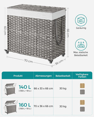 160L 3-Compartment Laundry Hamper - Lid & Wheels - Karrari