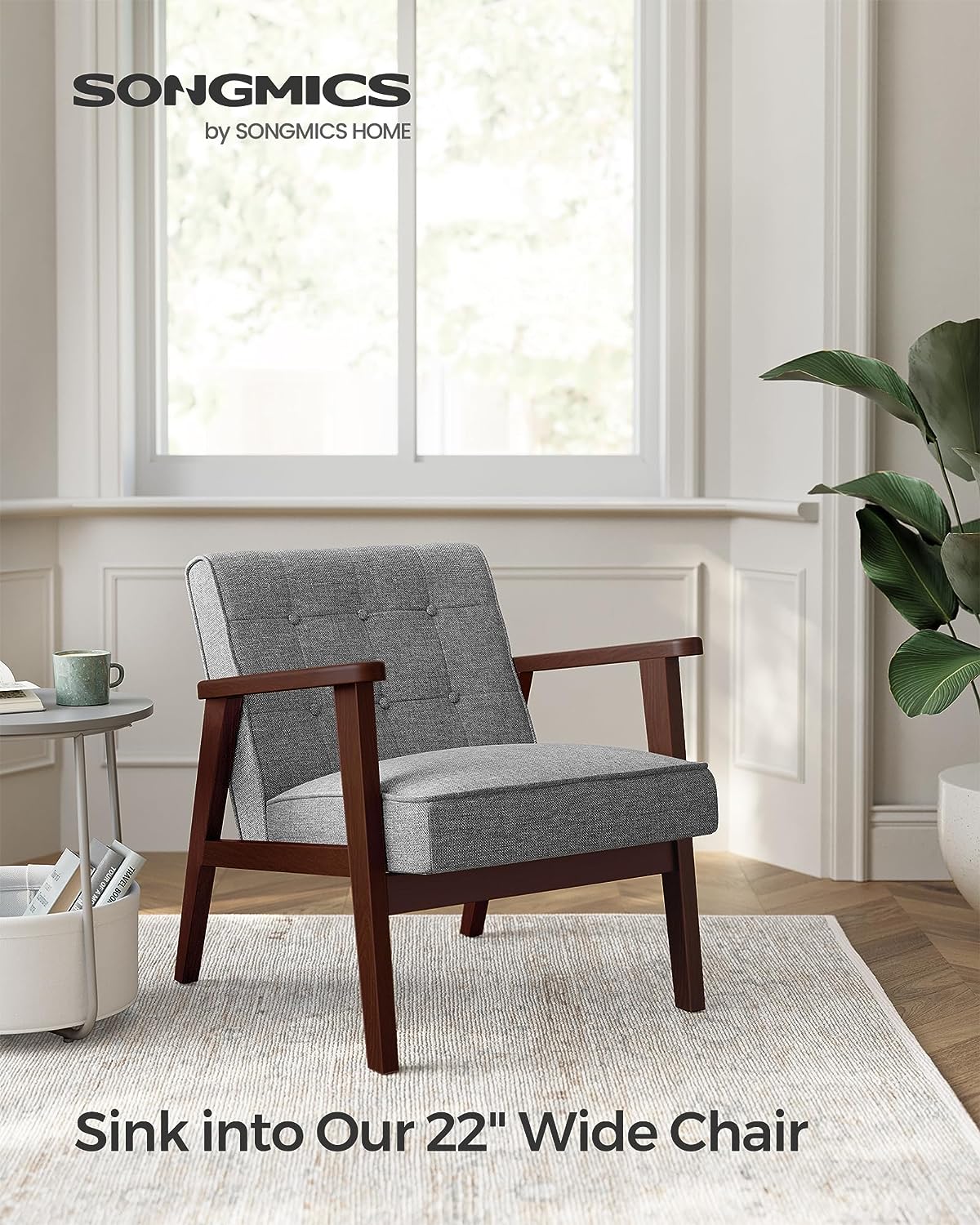Accent Leisure Chair, Mid-Century Modern Arm Chair with Solid Wood Armrests and Legs
