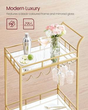 Gold Bar Cart with 2 Mirrored Shelves & Wine Holders - Karrari