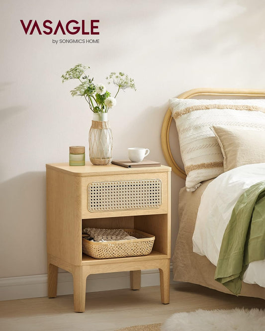 Rattan Nightstand, Boho Bedside Table with Drawer, Cane End Table, Modern Side Table for Bedroom