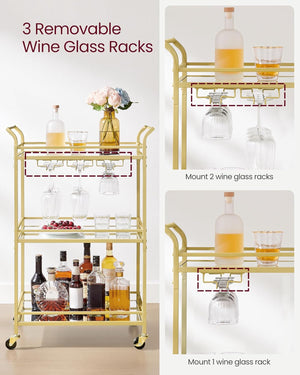 Gold Bar Cart with 3-Tier Mirrored Shelves