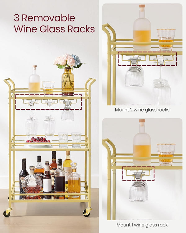 Gold Bar Cart with 3-Tier Mirrored Shelves