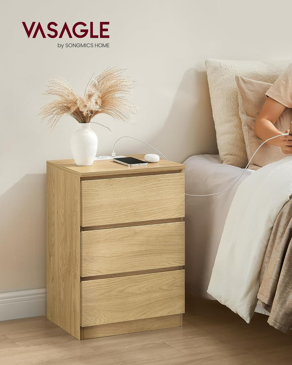 3-Drawer Bedside Table with Charging Ports