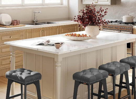 Set of 2 Faux Leather Bar Stools with Buttons & Rivets