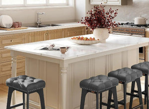 Set of 2 Faux Leather Bar Stools with Buttons & Rivets - Karrari