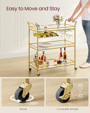 Gold Bar Cart with 3-Tier Mirrored Shelves