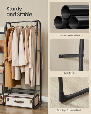 5-Tier Clothes Rack with Shelves, Metal Rail
