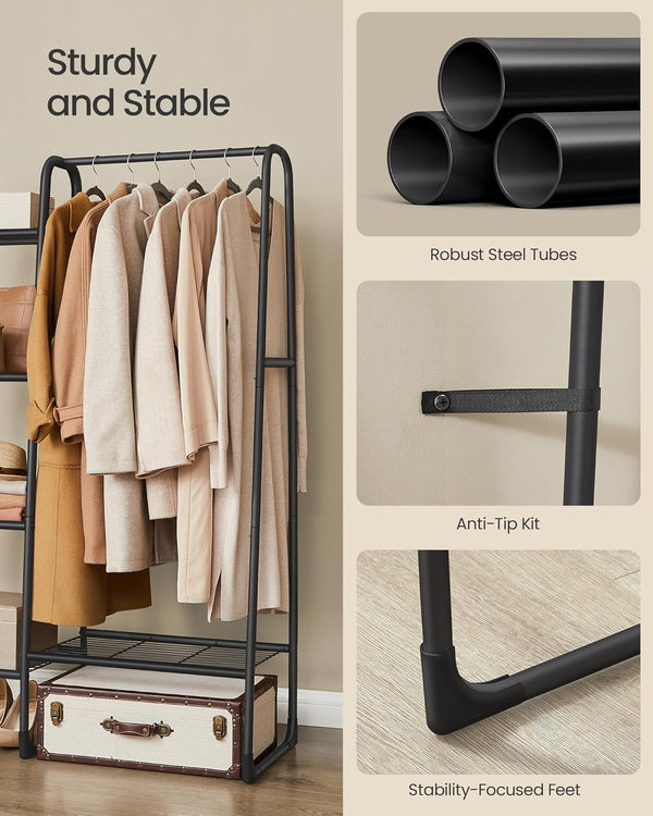 5-Tier Clothes Rack with Shelves, Metal Rail