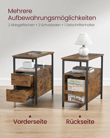 Side Table, Bedside Table with Power Strip, 2 Drawers, Sofa Table, Bedside Cabinet for Living Room, Bedroom