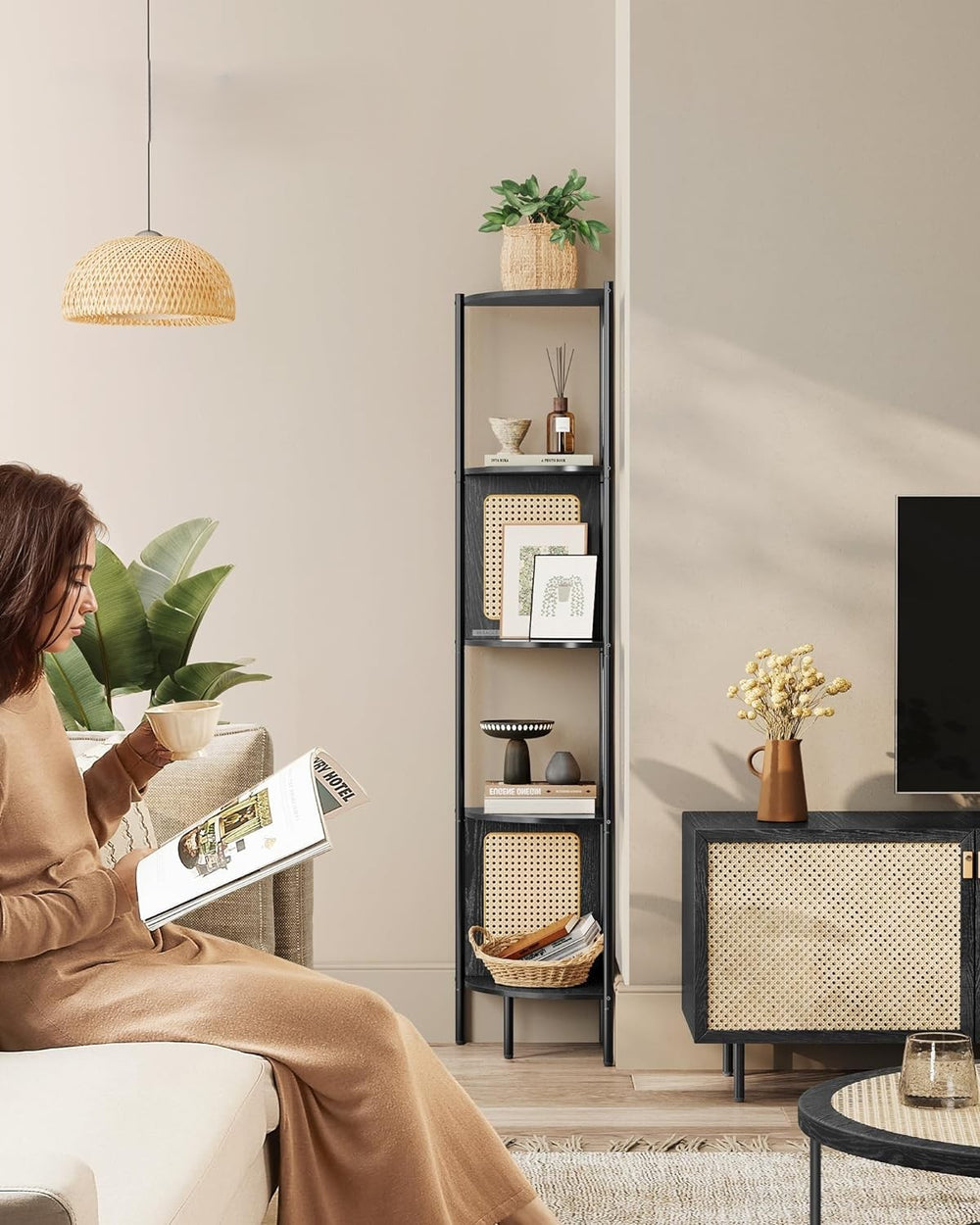 5-Tier Corner Shelf with Rattan Sides - Karrari