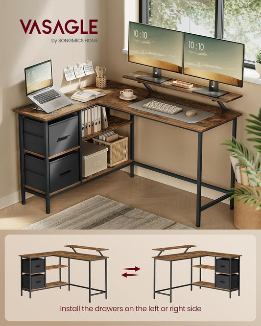 L-Shaped Desk with 2 Spacious Drawers, Gaming Desk with Monitor Stand, Corner Desk