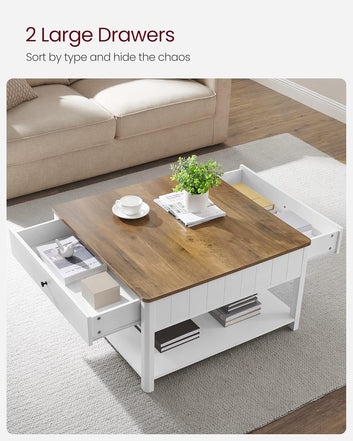 Coffee Table, Living Room Table, with 2 Large Drawers. Legs, Ample Space, Coastal Style