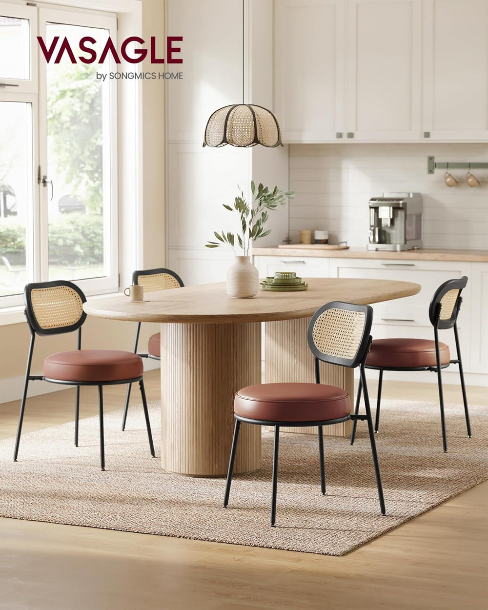 Dining Chairs – Rattan Back & PU Padded Seat (Set of 2)
