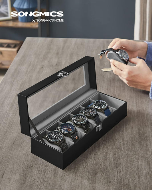 Watch Box with 6 Slots, Watch Case with Glass Lid, Watch Display Box with Removable Watch Pillows