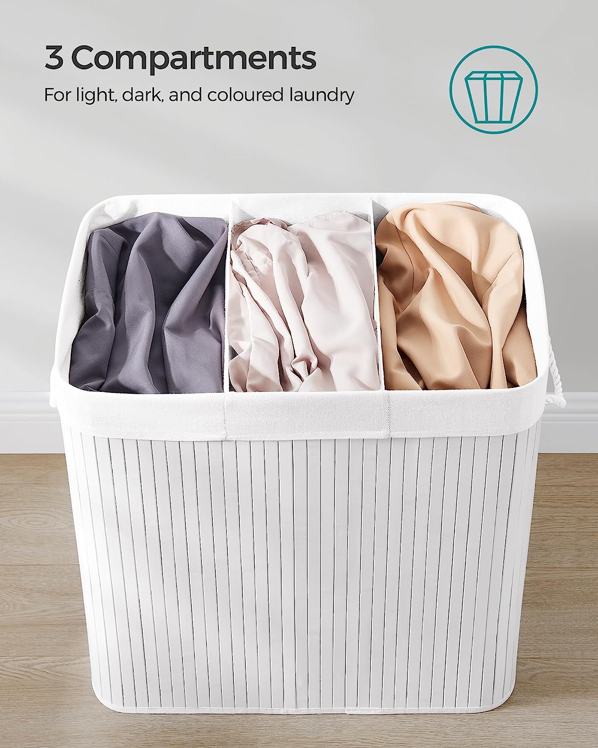 Laundry Hamper Basket with 3 Sections, Clip-on Lid and Handles, 150L F