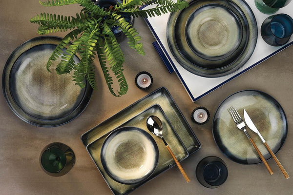 Elegant 24-Piece Dinner Set, 100% Porcelain, Dark Blue & Brown