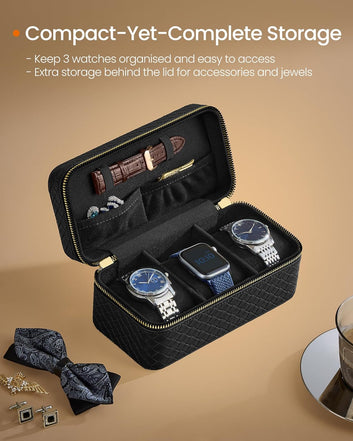 3-Slot Watch Travel Case, Watch Box for 3 Watches, Woven Embossed PU Leather