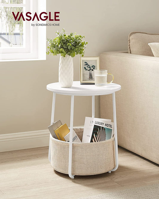 Side Table, Round End Table with Fabric Basket