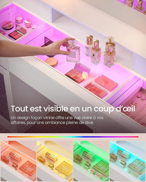 Dressing Table with LED Mirror & RGB Lighting, Glass Top, Storage Cabinets