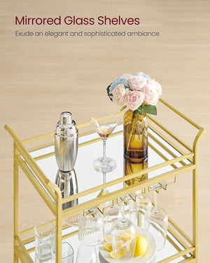 Gold Bar Cart with 3-Tier Mirrored Shelves