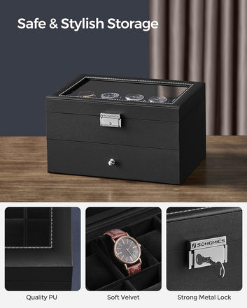 Watch Box, Watch Case with Glass Lid, 2-Tier Watch Display Case, Lockable, 1 Drawer