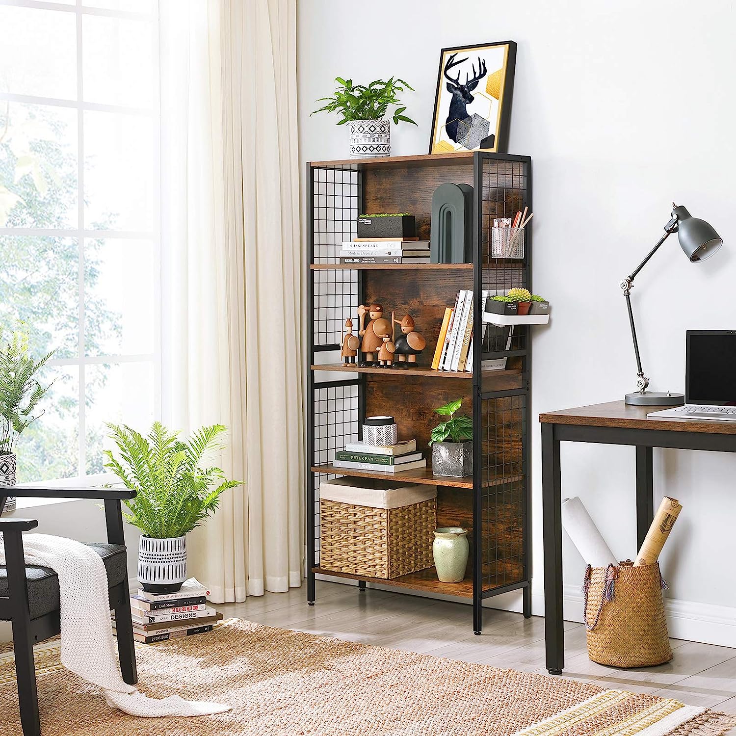 Bookcase, Office Shelving Unit, 4-Tier Kitchen Shelf, Steel Frame, 4 S-Hooks