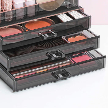 Acrylic Makeup Organiser, 2-Piece Set Makeup Box, Cosmetic Organiser with 3 Drawers and 15 Various Compartments