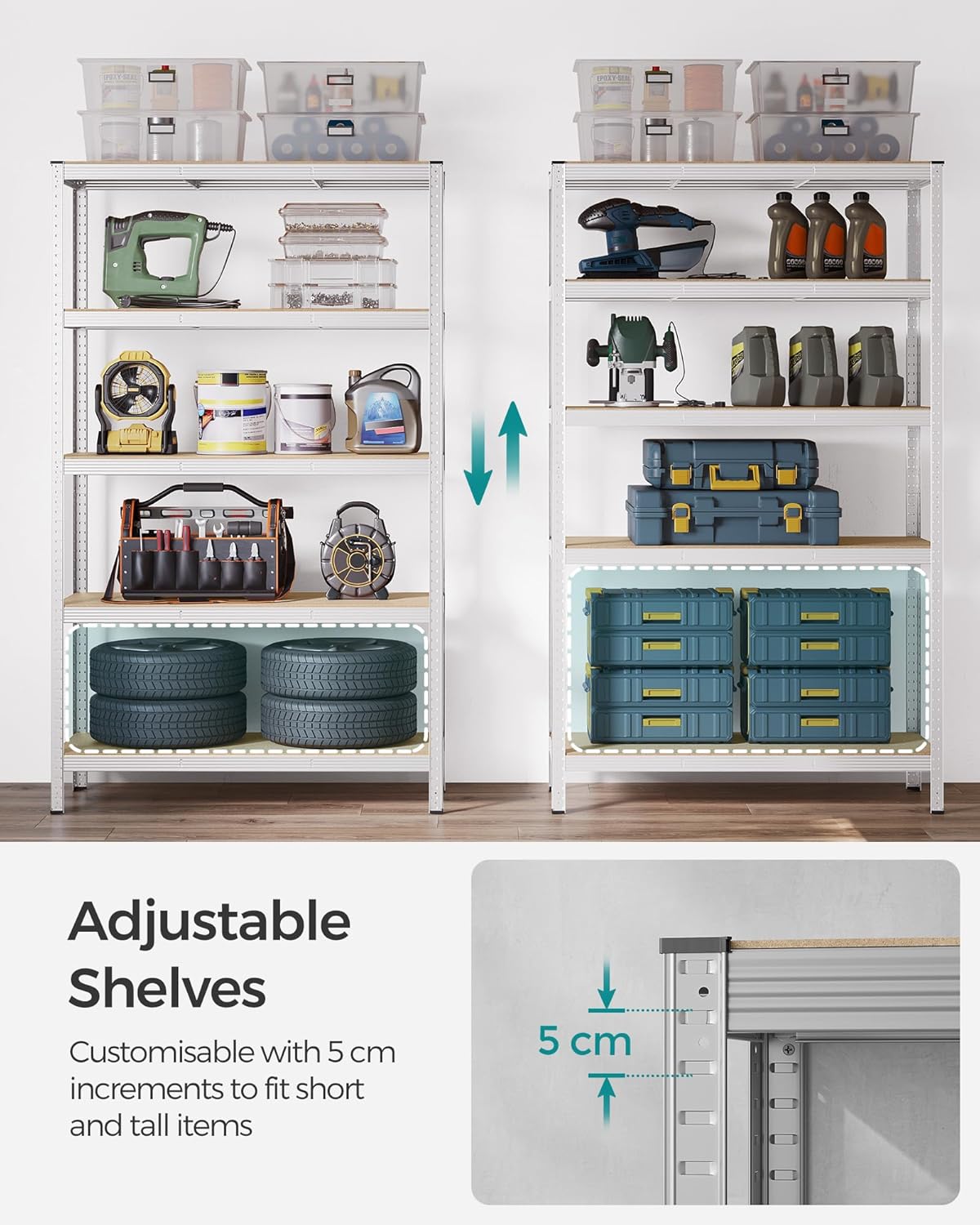 5-Tier Shelving Unit, Steel Shelving Unit for Storage, Tool-Free Assembly, for Garage, Shed, Load Capacity 875 kg, (60 x 120 x 200 cm)