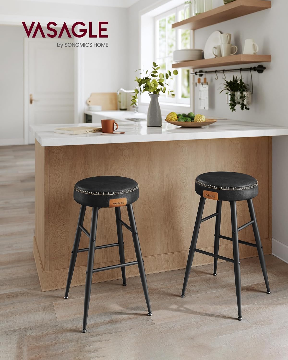 VASAGLE EKHO Collection - Bar Stools Set of 2, Kitchen Counter Stools, Breakfast Stools, Synthetic Leather with Stitching, 24.8-Inch Tall, Home Bar Dining Room, Easy Assembly, Ink Black LBC080B01