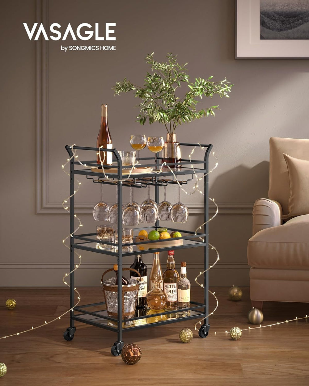 Black Bar Cart with 3-Tier Mirrored Shelves