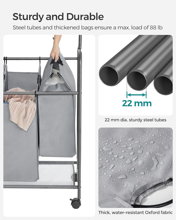 4-Section Laundry Sorter Trolley - Wheels & Brake, 200L - Karrari