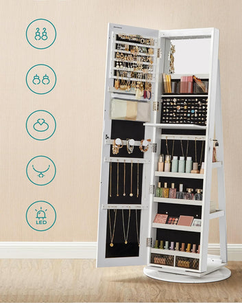 Jewellery Cabinet with Frameless Full Body Mirror, 3 Shelves, 360° Rotation, with lights.