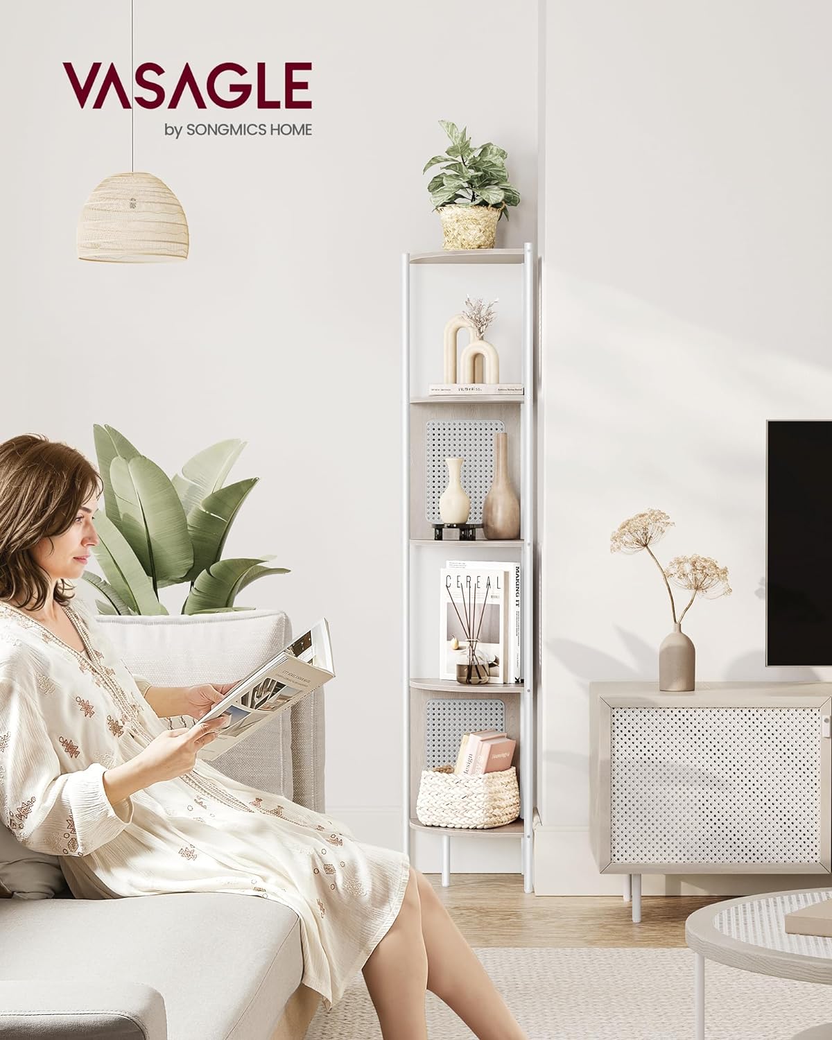 5-Tier Corner Shelf, Bookshelf with Rattan Effect Sides, Metal Structure